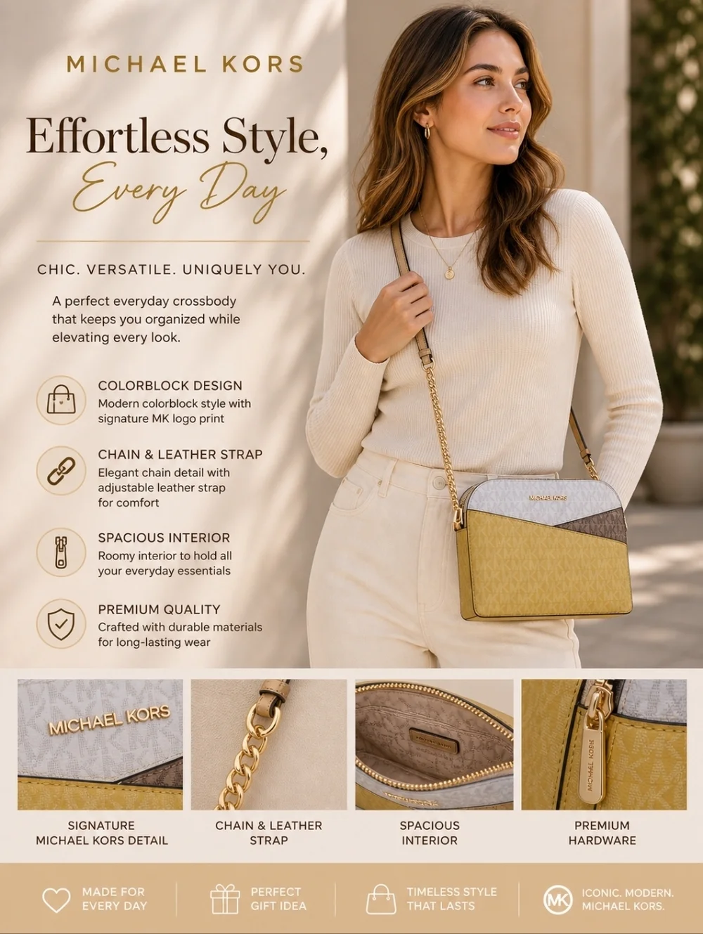 Michael Kors MK Signature Colorblock Dome Crossbody | Yellow/Vanilla/Brown | Cha